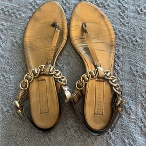 Burberry Metallic Gold Leather T Strap Chain Sandal Flats